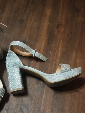 Like New Cityclassified Silver Glitter Block Heel Sandals with Ankle Strap 8